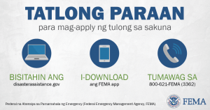 Three Ways to apply for disaster assistance. Visit disasterassistance.gov, download the fema app, or call 800-621-3362