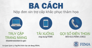 Three Ways to apply for disaster assistance. Visit disasterassistance.gov, download the fema app, or call 800-621-3362